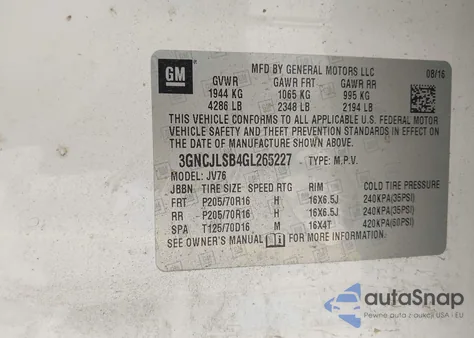 2016 Chevrolet Trax Lt from USA, damaged, VIN 3GNCJLSB4GL265227